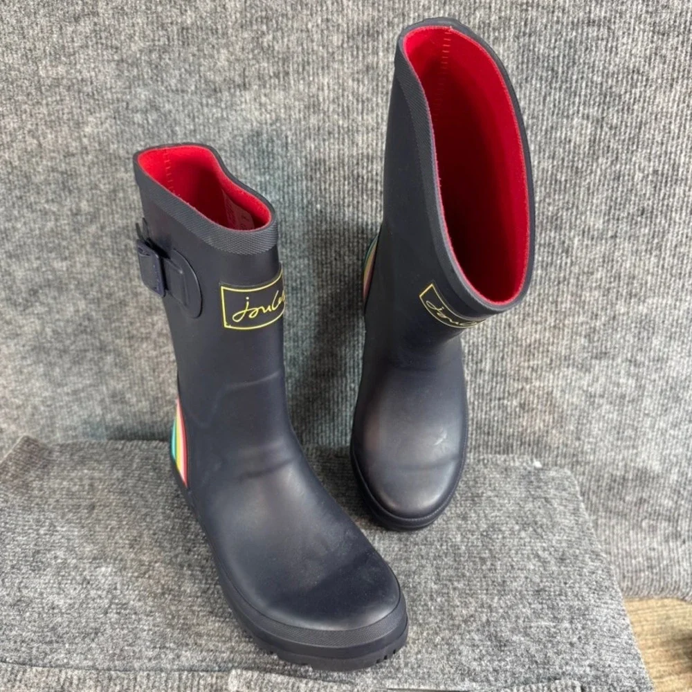 Joules Molly Welly Navy Blue Rainbow Stripe Mid Height Rain Boots Womens 5